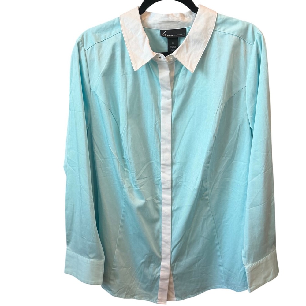 Lane Bryant Button Down Womens Aqua White Collar Professional Career 22